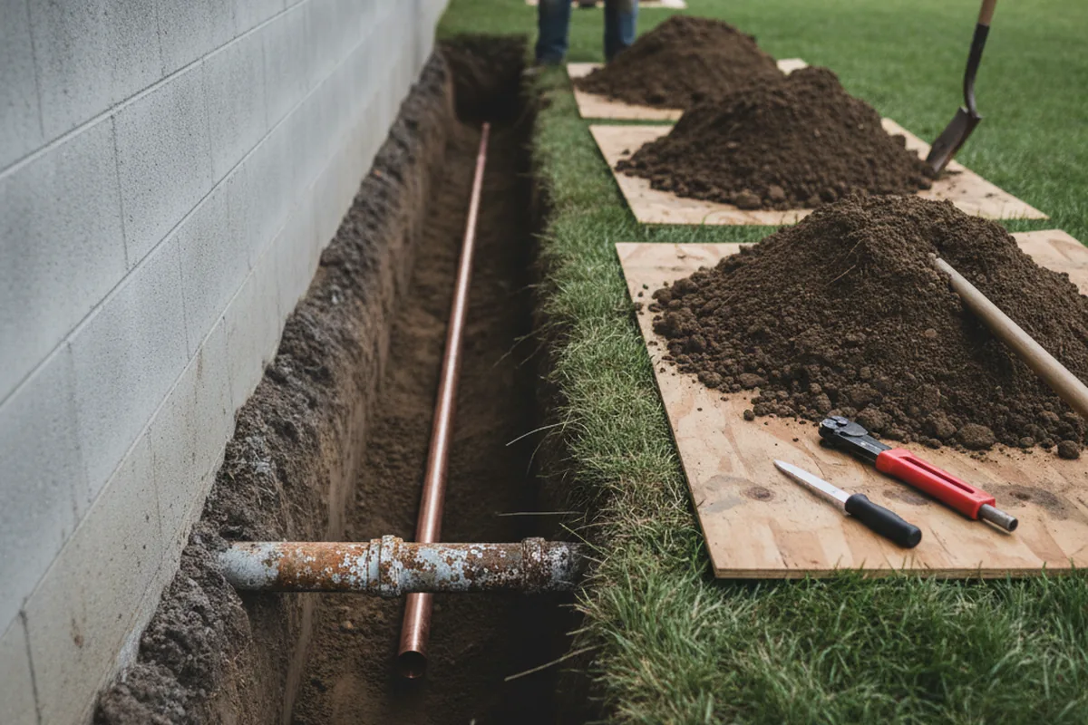 Excavated water line trench during Water Heater Repair in Conshohocken